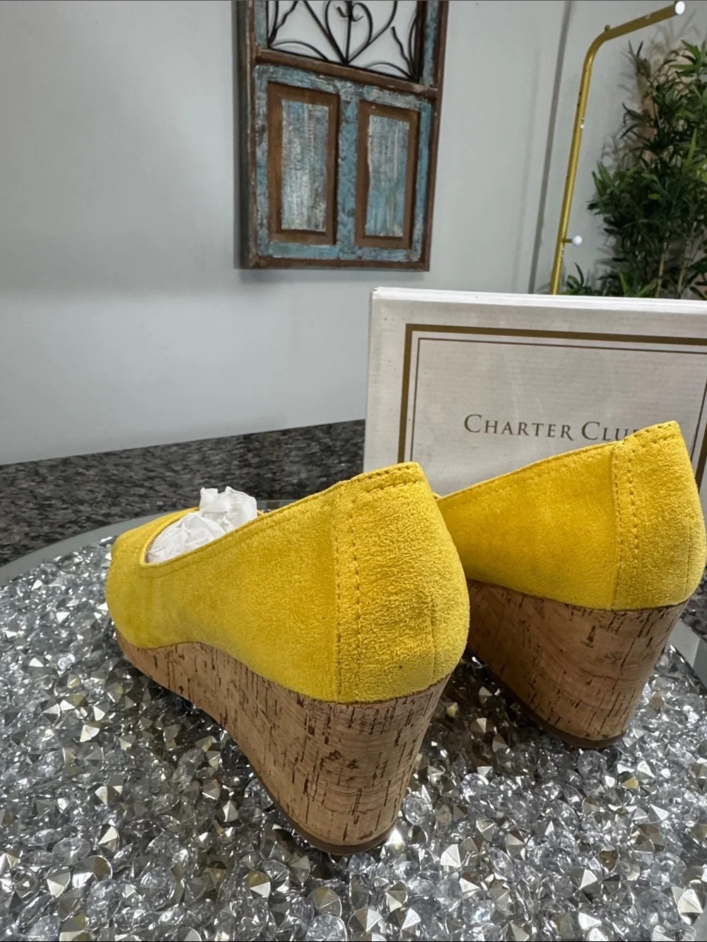 Charter Club Toniiem Yellow Cork Wedge Peep-Toe Heels NEW 8